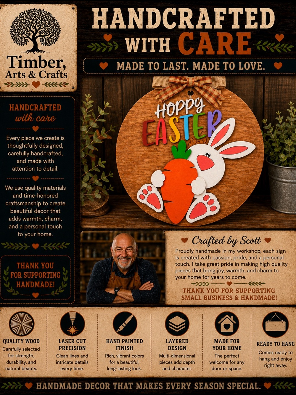 Hang Crafted Wooden " Happy Easter” Bunny With Carrot Door Hanger